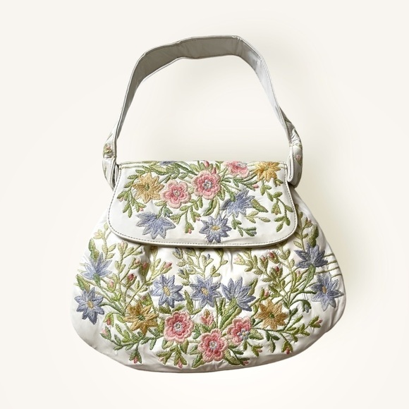 Vintage 50s Marheta Floral Embroidered Vinyl Shoulder Bag - Picture 1 of 15